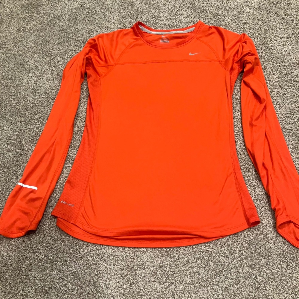 Nike Running Dri-FIT Long Sleeve Shirt Orange Women Small Reflective Training